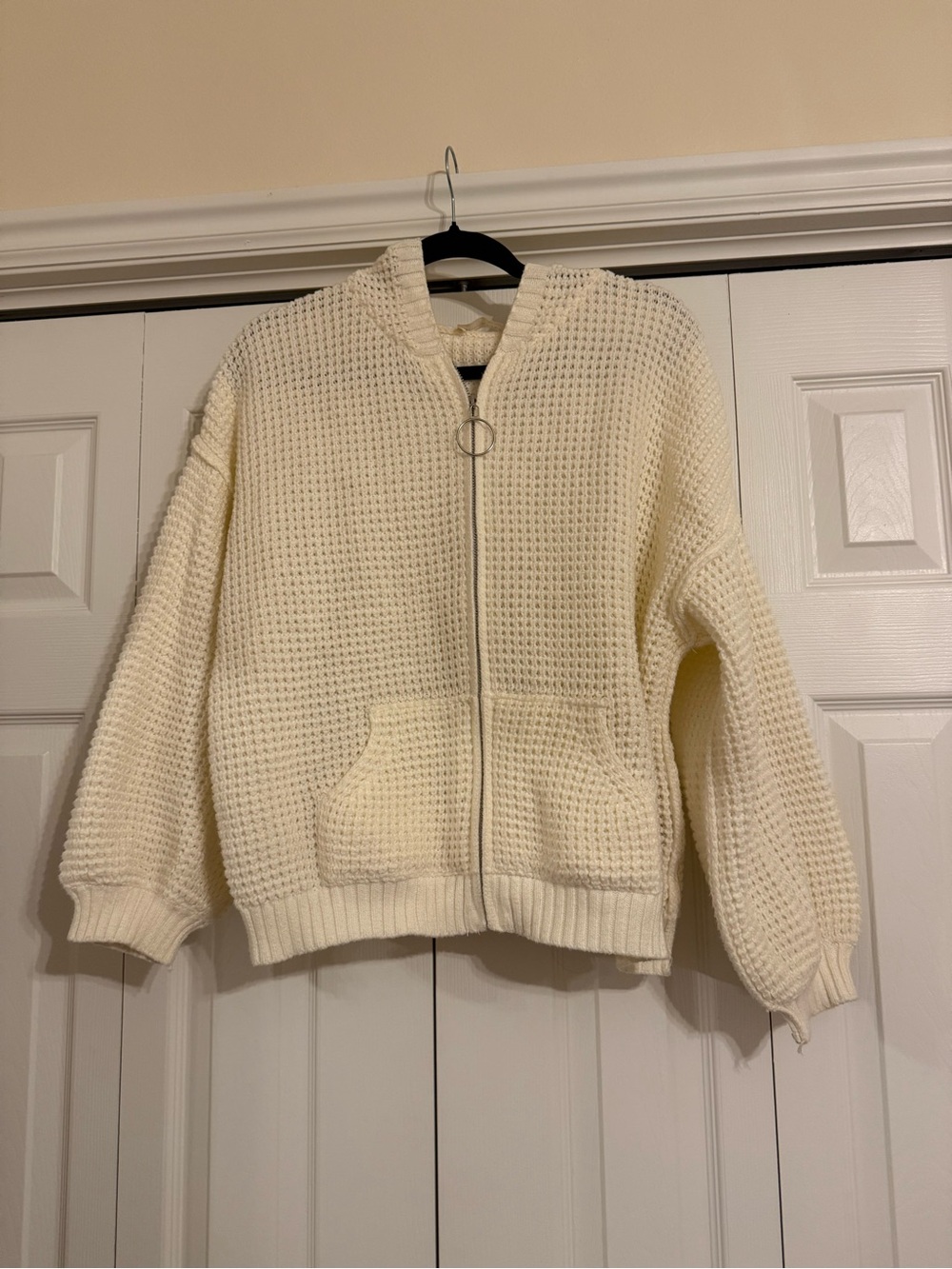 Cream Waffle-Knit Zip Cardigan Hoodie for Women by Stitch and Feather - pockets!